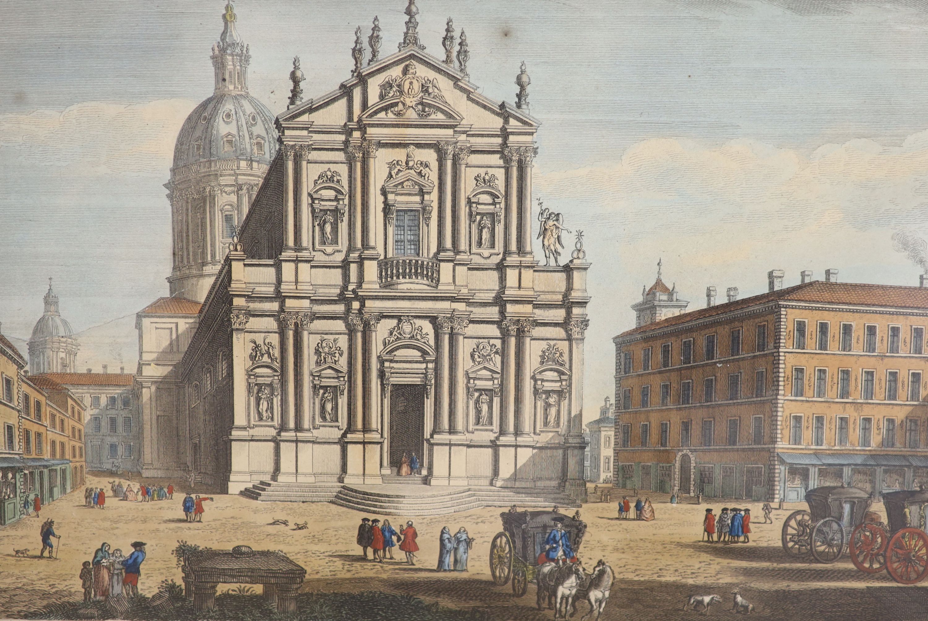 A collection of 18th century hand coloured engravings of churches, together with a cropped print of Glee Singers